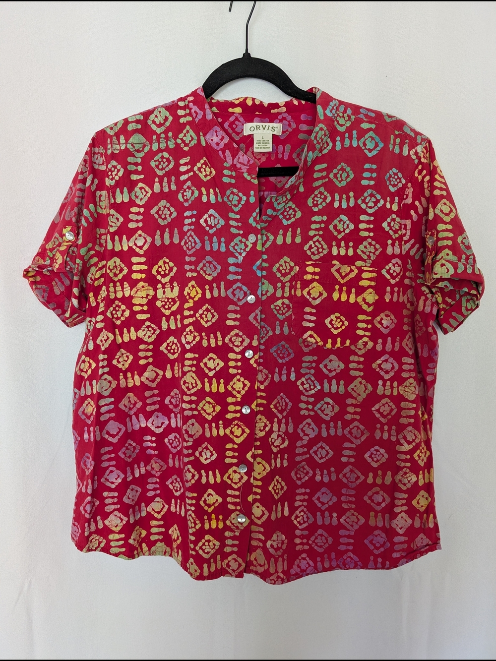 Orvis Women's Red Batik Short-Sleeve Button-Down Shirt